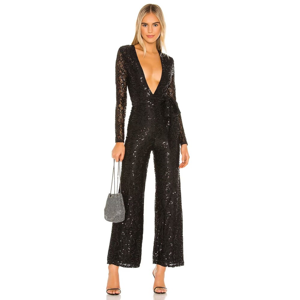 Lovers + Friends Leighton Jumpsuit M Black Sequin Lace Wide Leg Party Disco 70's